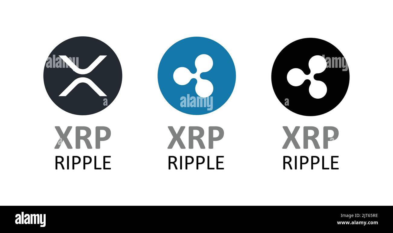 Ripple XRP Kryptowährung Icon auf weiß mit Beschriftungen isoliert gesetzt. Die Illustrationen in modernem und altem Stil. Stock Vektor