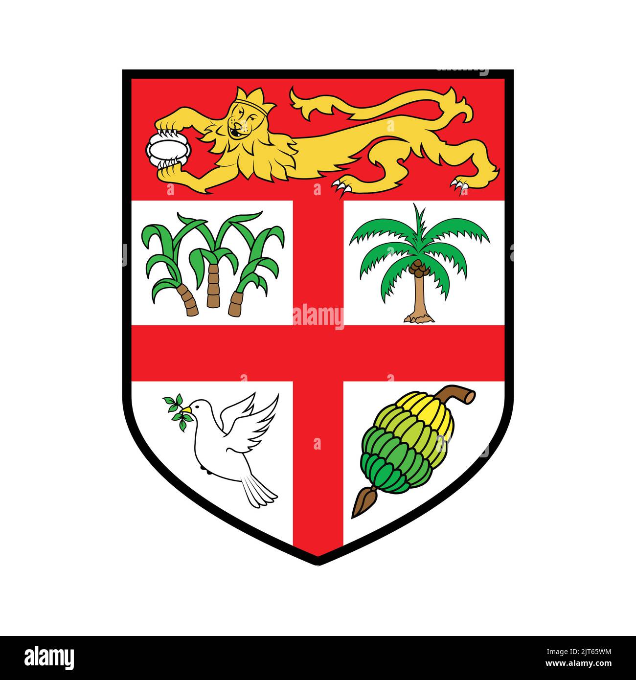 Wappen der Fidschi-Inseln - Nationalsymbol der Fidschi-Flagge - Vektor-Logo des Fidschi-Emblems - Wappen-Schild-Logo - Nationales Symbol des Fidschi-Landes - Löwe, Taube Stock Vektor