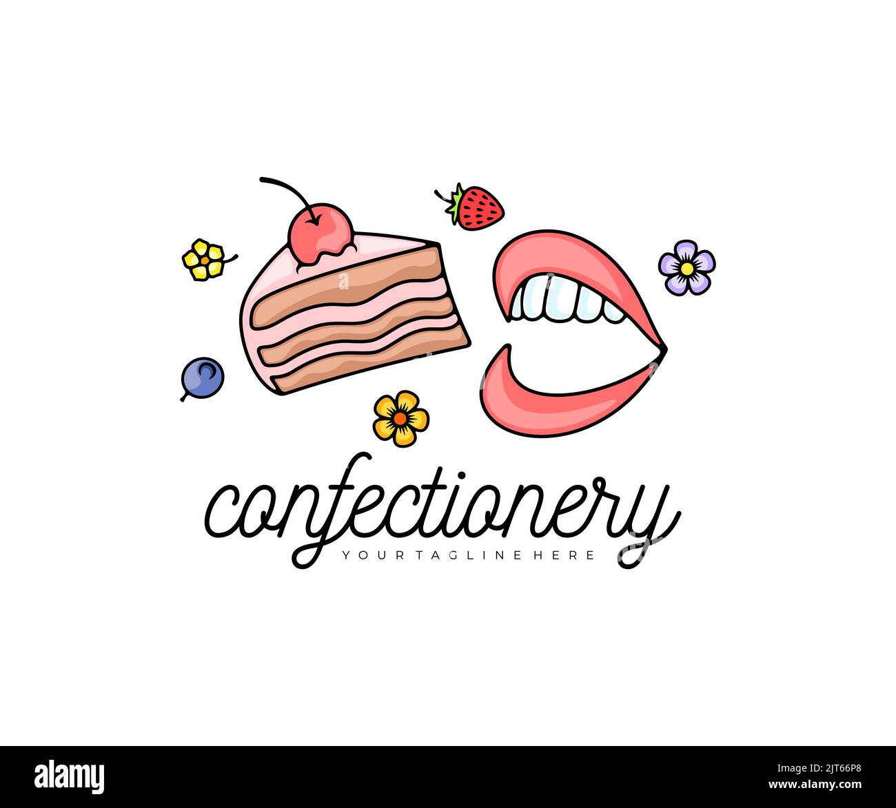 Stück Kuchen, Lippen und Mund, Blumen und Beeren, Logo-Design. Lebensmittel, Speisen, Süßwaren, Gebäck und Backwaren, Vektorgrafik und Illustration Stock Vektor