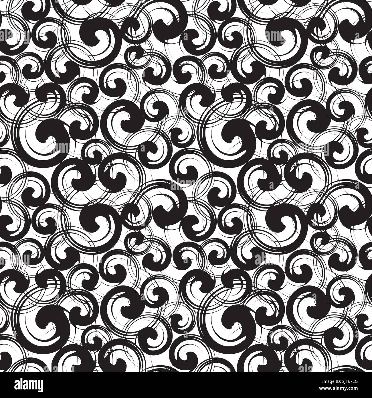 Strudel Symbole nahtloses Muster. Verschiedene Größen schwarze Spiralen zufällig über Weiß platziert. Wrapping Textur mit abstrakten Locken. Vektor eps8 illustrati Stock Vektor