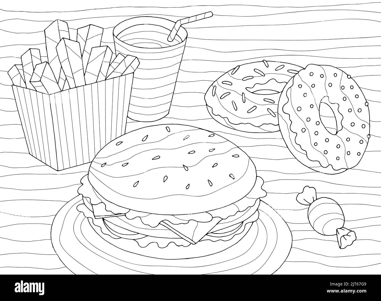 Fast Food Färbung Grafik schwarz weiß Skizze Illustration Vektor Stock Vektor