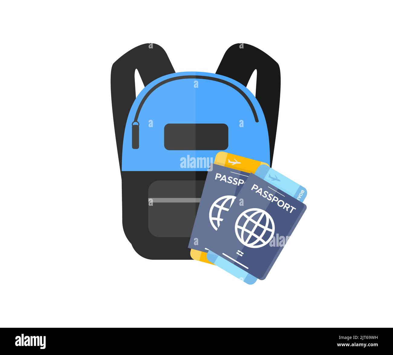 Reisen wir um die Welt Logo-Design. Reise und Tour weltweit Urlaub. Rucksack, Reisepass, Flugticket, Abenteuer Lifestyle Vektor-Design. Stock Vektor