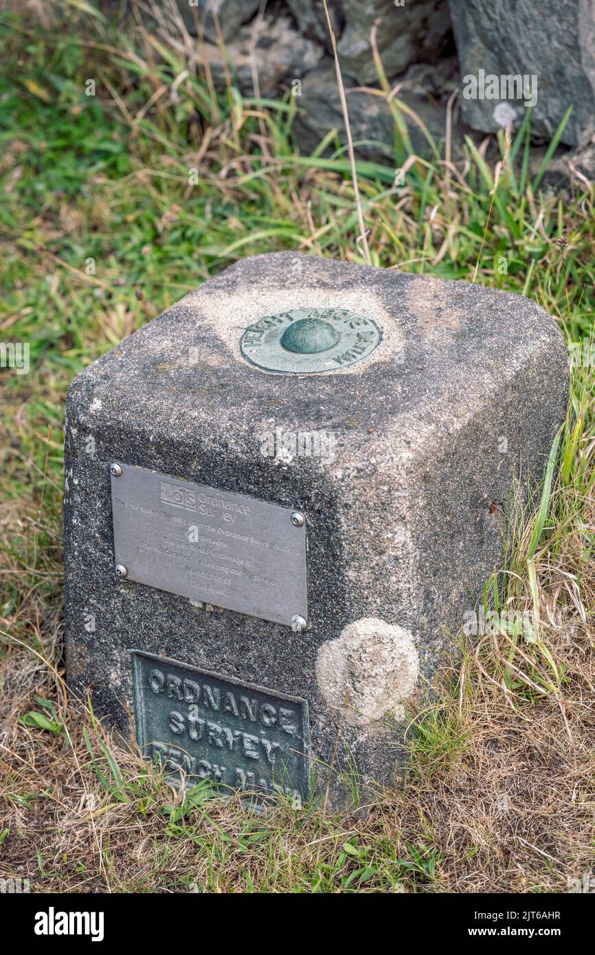 Eine Ordnance Survey Bench Mark auf Exmoor. Stockfoto