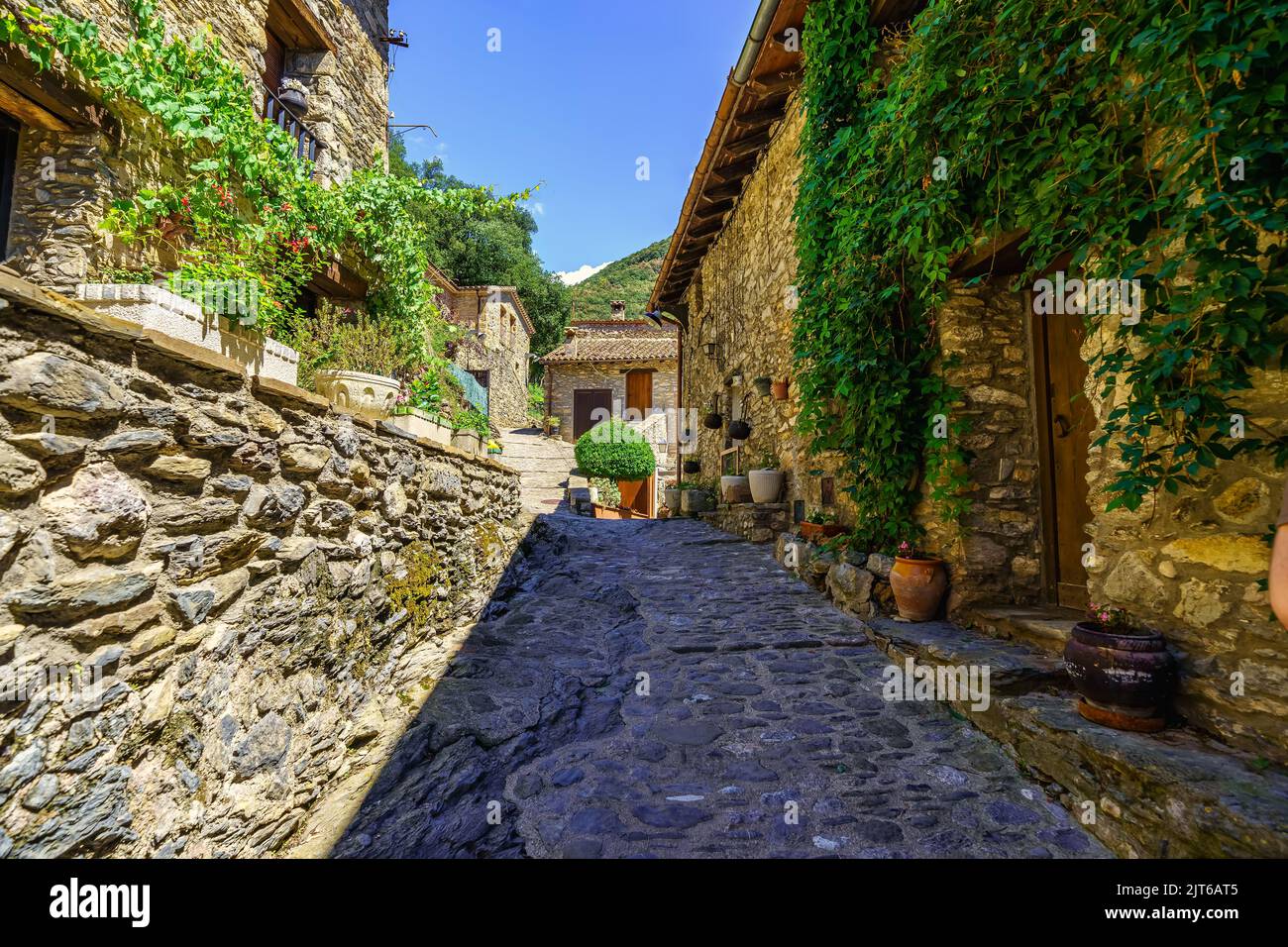 Malerische Gasse mit Häusern aus Stein und Töpfen mit Blumen im mittelalterlichen Dorf Beget, Girona, Katalonien. Stockfoto