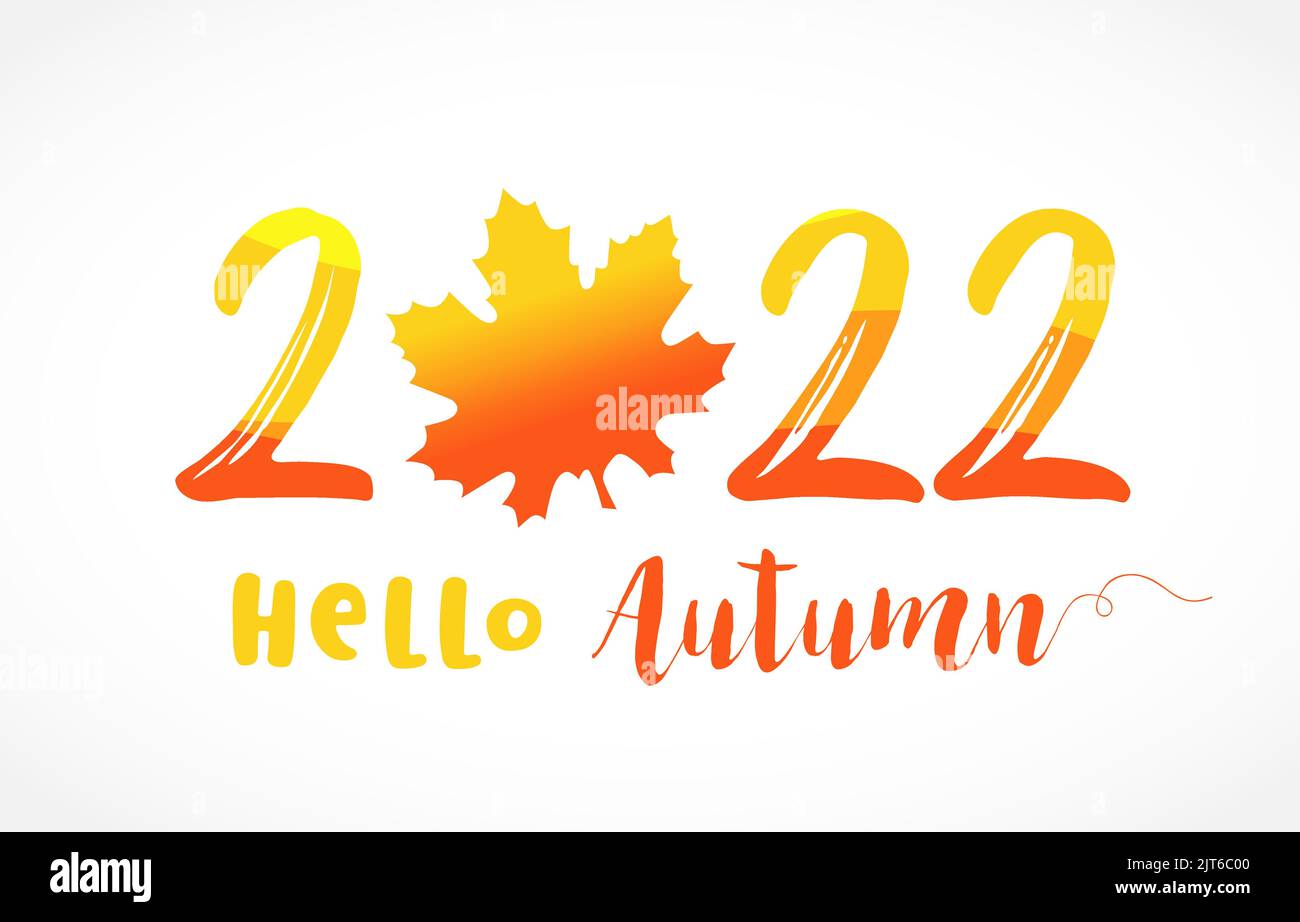 2022 Hallo Herbst mit farbigem Blatt. 20 22 Mode-Logo-Konzept. Nummernlogotyp mit Blatt, kreatives Vektorzeichen. Die fallenden Blätter verfärben sich Stock Vektor