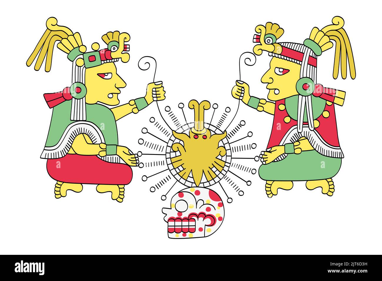 Ometeotl, zwei Götter in der aztekischen Mythologie. Ometecuhtli und Omecihuatl, oder Tonacatecuhtli und Tonacacihuatl, ein Paar Gottheiten, die in Omeyocan wohnen. Stockfoto