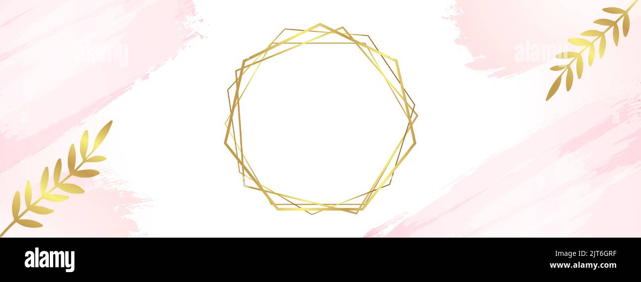 Luxuriöses langes Banner mit goldenem Rahmen, Blättern und Aquarellpunkten. Premium-Vektor-Vorlage für Hochzeit facebook-Cover oder Mode-Poster Stock Vektor