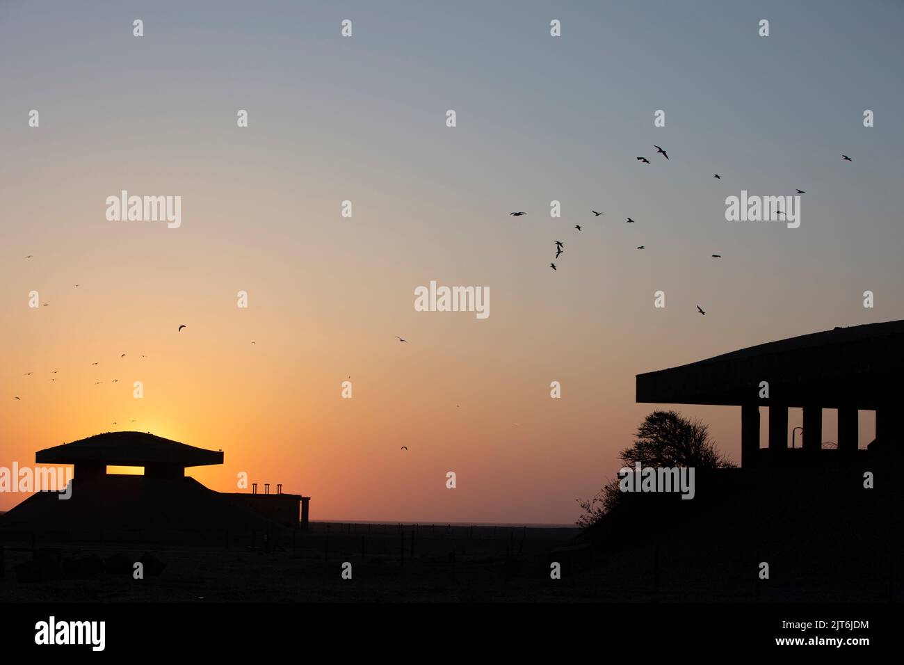 Pagodenlabor auf Orfordness bei Sonnenaufgang Stockfoto
