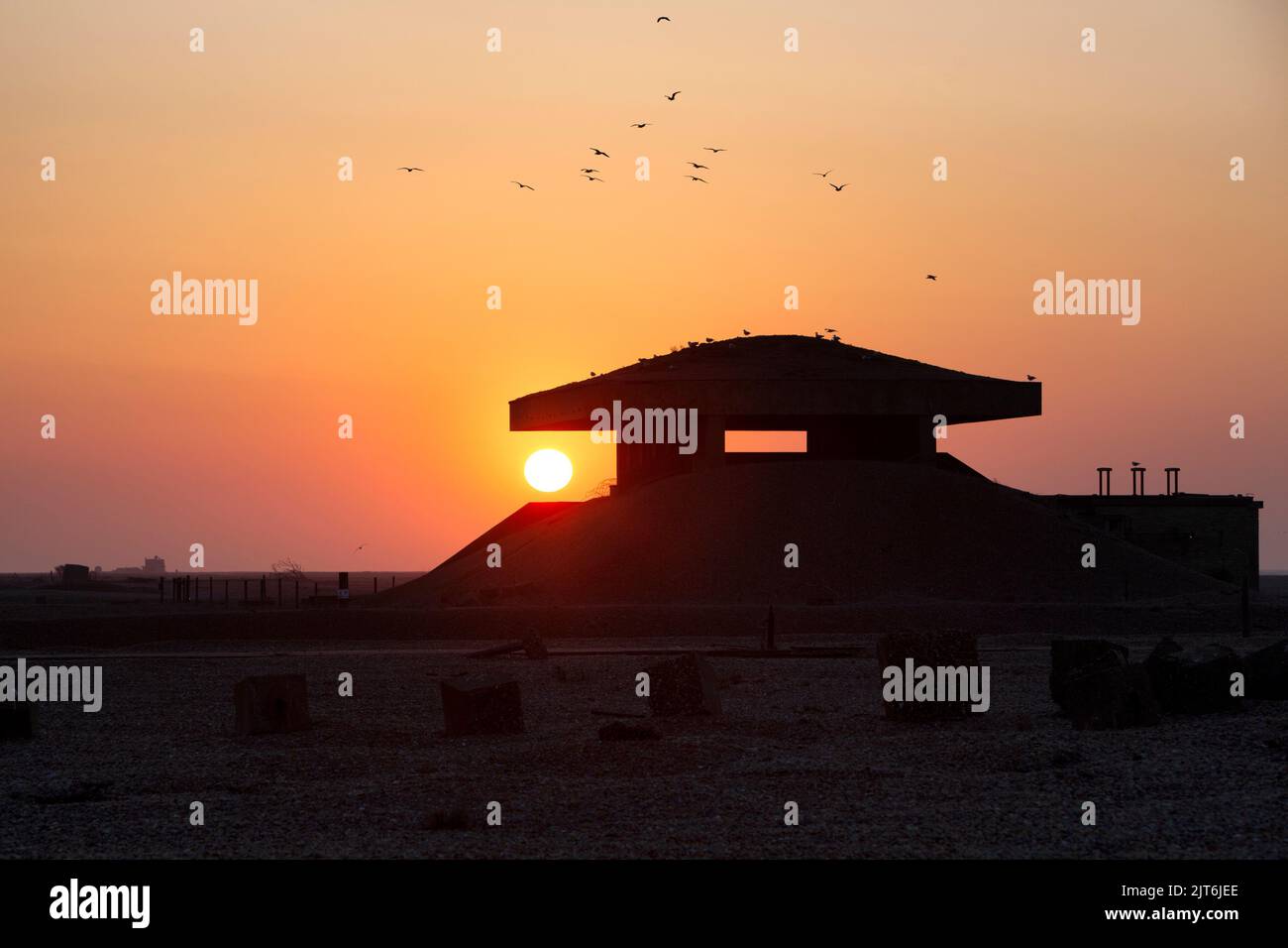 Pagodenlabor auf Orfordness bei Sonnenaufgang Stockfoto