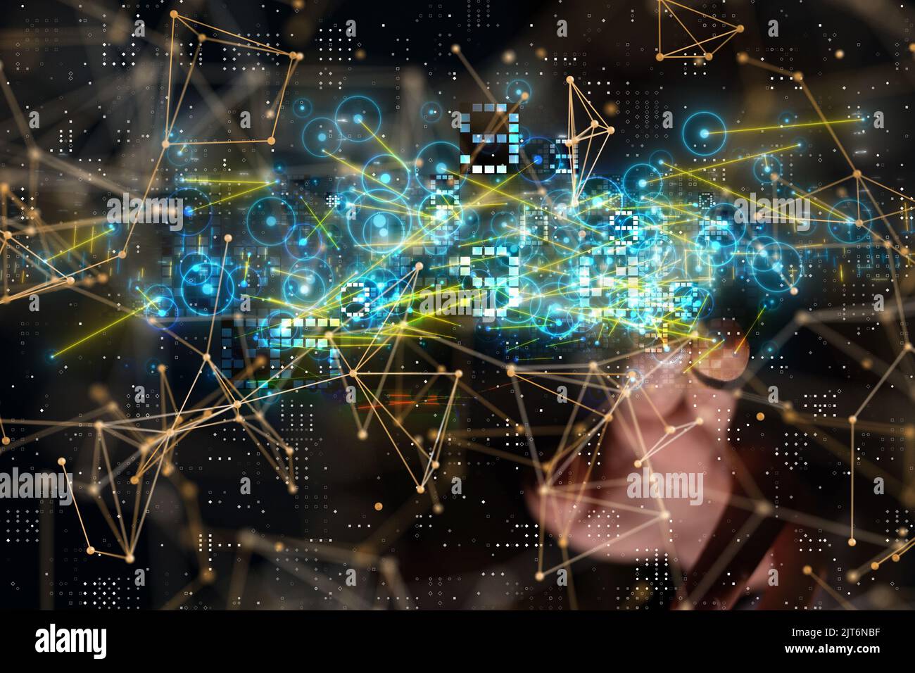 Eine Männerhand drückt auf den illustrativen modernen Touchscreen Stockfoto