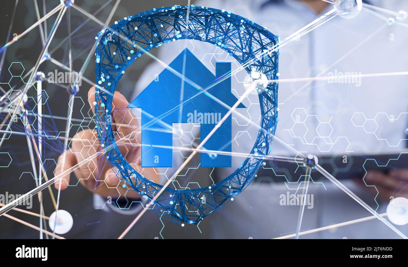 Die Hand eines Mannes drückt mit den Fingern auf die blaue illustrative Hausikone Stockfoto