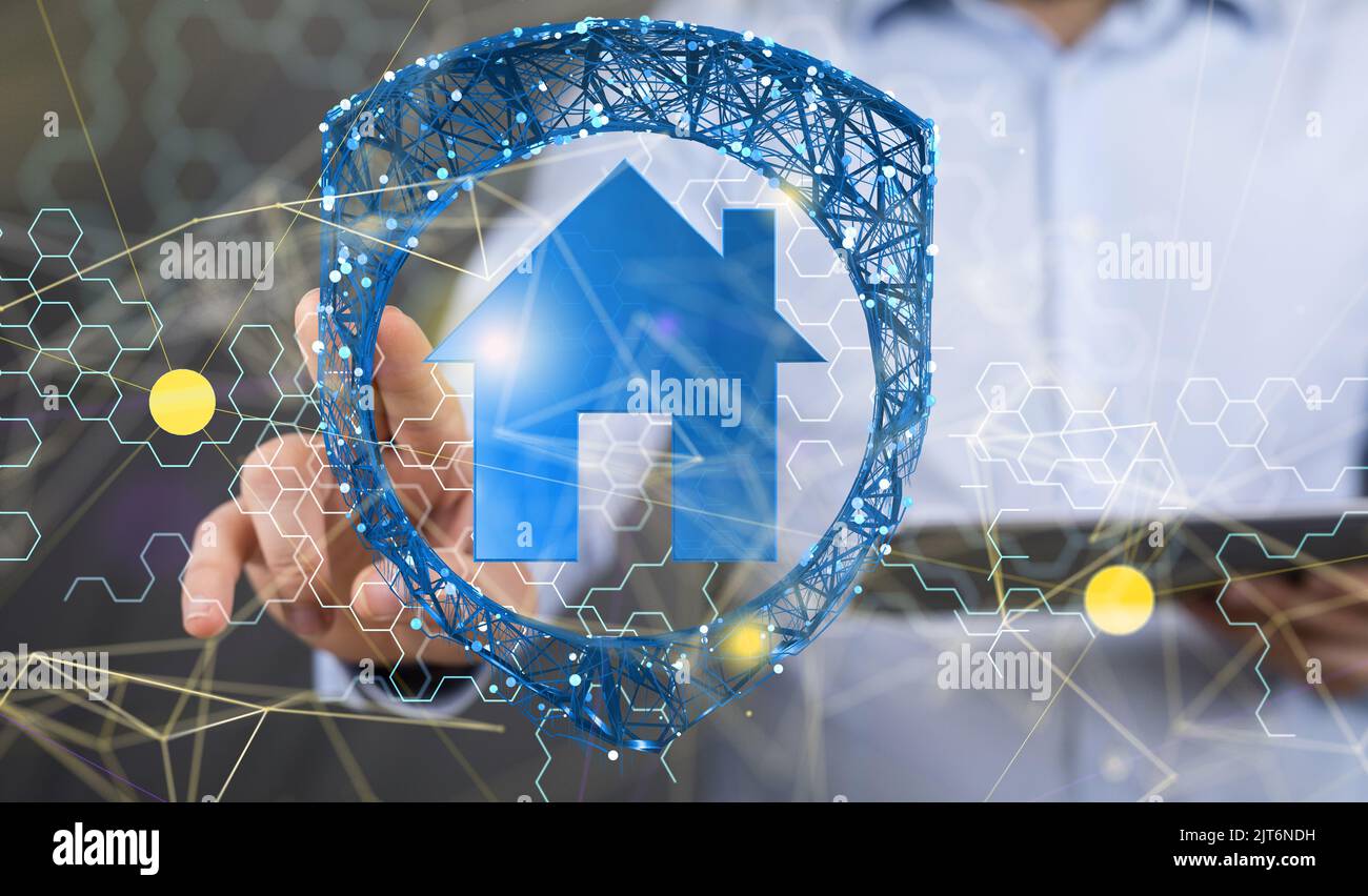 Die Hand eines Mannes drückt mit den Fingern auf die illustrative blaue Hausikone Stockfoto