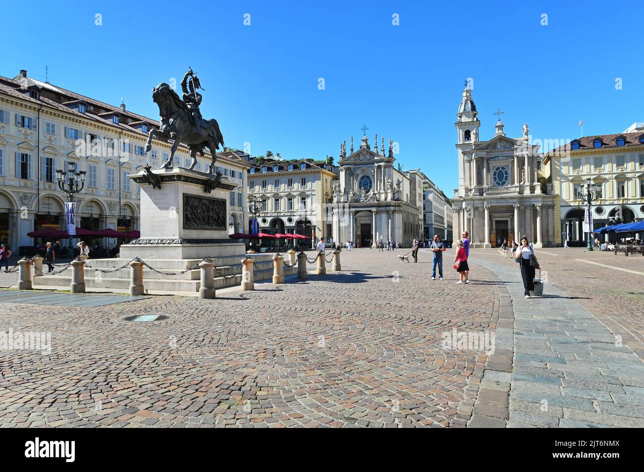 Ein Panoramablick auf die piazza San Carlo in Turin, Italien Stockfoto