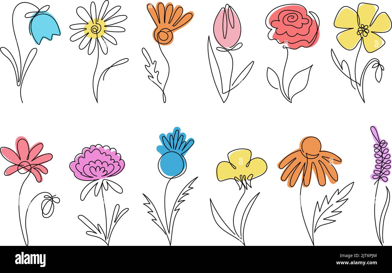 Eine Linie Blumen. Durchgehende Linien minimalistische Blumenelemente. Artwork Zeichnung, botanische einfach floralen Gänseblümchen. Blossom Natur anständige Vektor-Set Stock Vektor