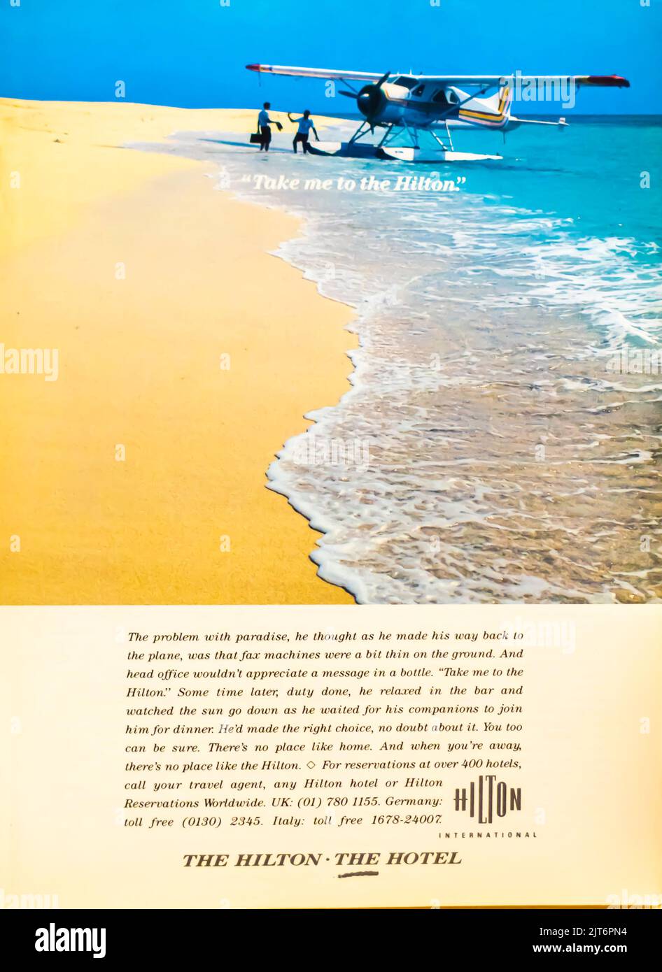 Werbung für Hilton Hotels in einem Magazin von NatGeo, Mai 1990 Stockfoto