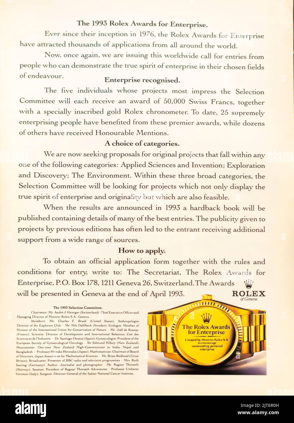 1993 Rolex Awards für Unternehmenswerbung in einem NatGeo Magazin, November 1991 Stockfoto