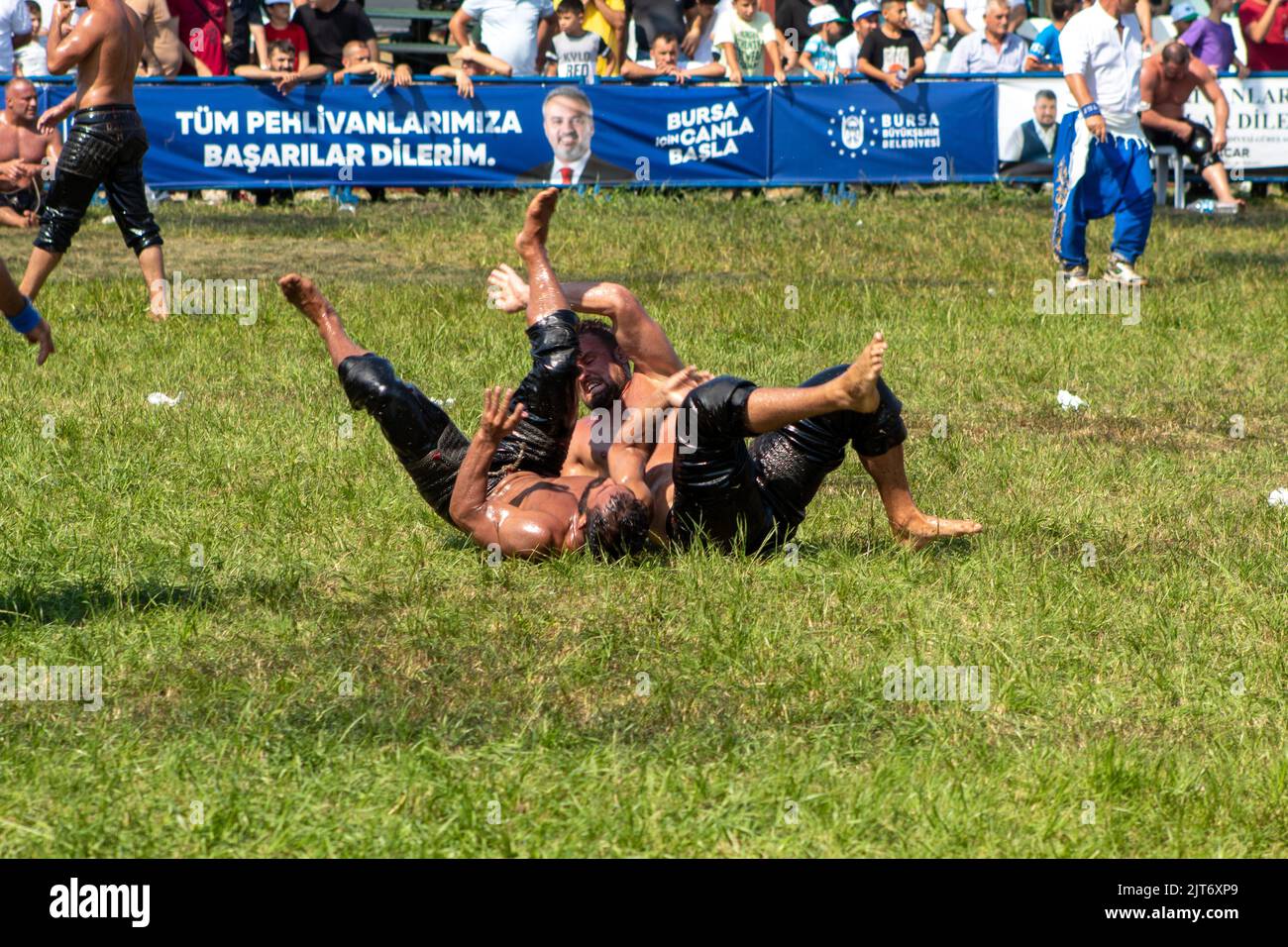 Bursa, Türkei - August 2022: Traditionelle türkische Ölwrestling, Wrestler kämpfen, um ihre Gegner auf dem Gras an heißen, sonnigen Tag zu schlagen, selektive Fokus. Stockfoto