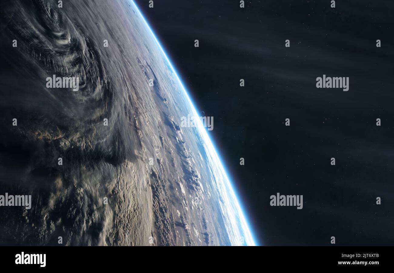 Umlaufbahn des Planeten Erde. Blick aus dem All durch kosmischen Staub. Sonnensystem Stockfoto