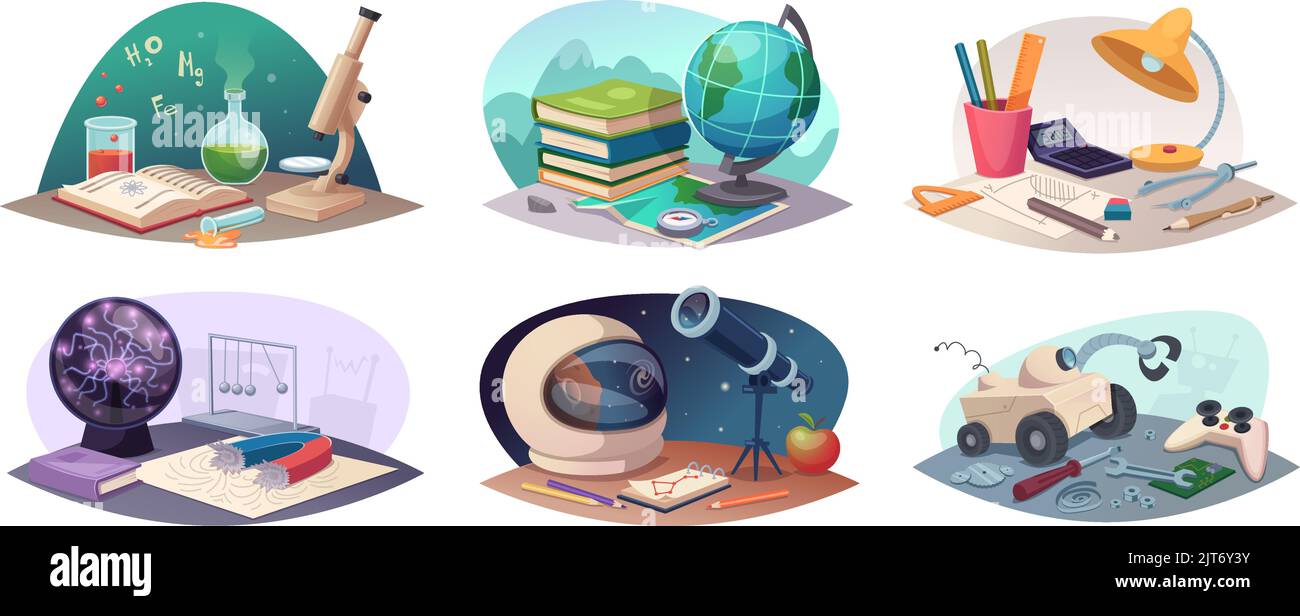 Science-Symbole. Bildung Zeug farbige Cartoon-Bilder der Astronomie Biologie und Geographie Globus Chemie Röhren genaue Vektor-Illustrationen Stock Vektor