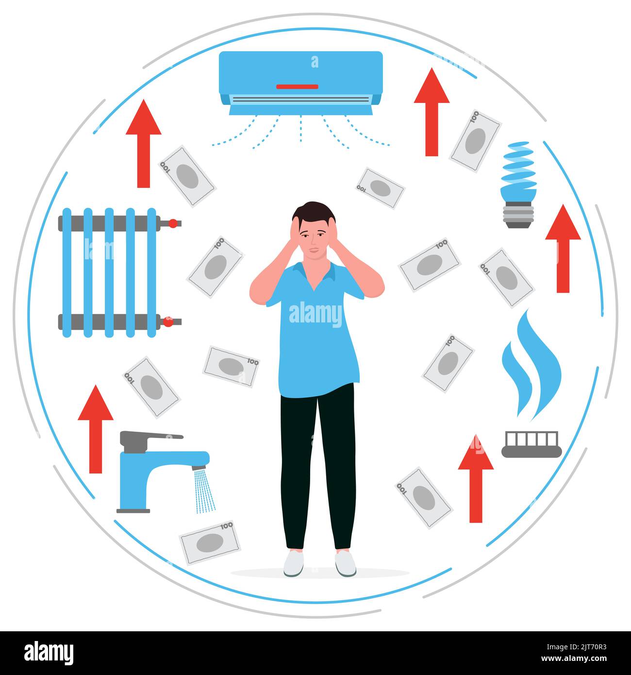 Vektorgrafik der Mensch ist aufgebracht. Steigende Preise. Hohe Preise für natürliche Ressourcen. Verbindlichkeiten von Energieversorgungsunternehmen. Einsparung von Haushaltsbudget. Höhere Kosten. Geld. Gestresst Stock Vektor