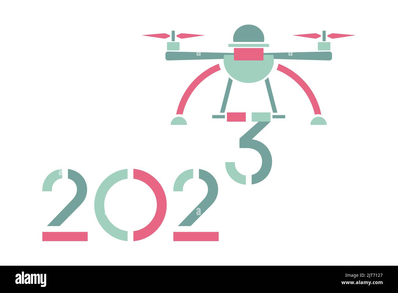 Frohes neues Jahr 2023 Vektor-Illustration. Luftdrohne trägt Zahlen für 2023. Festlicher Hintergrund. Remote-Gerät. Quadcopter Stock Vektor