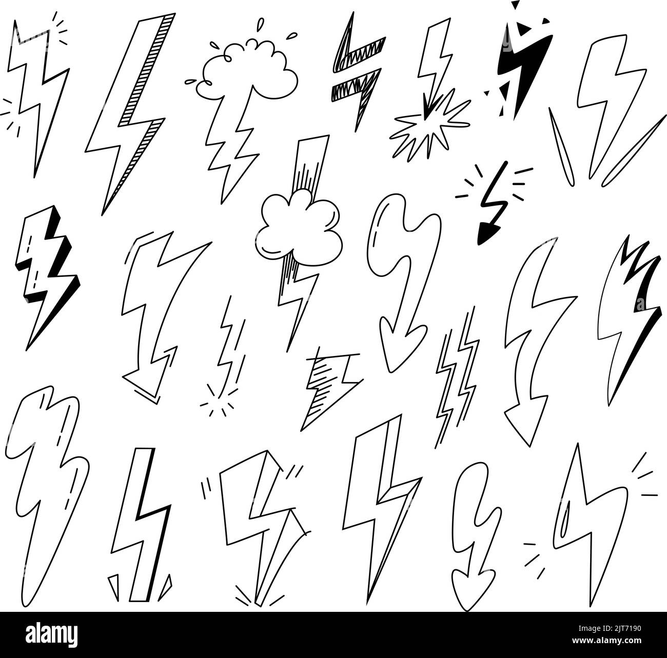 Black Sketch Lightning Kollektion. Doodle Flash Donner, Scribble Thunderbolts mit Grunge-Effekt. Verschiedene Energie elektrische Batterie klassischen Vektor Stock Vektor
