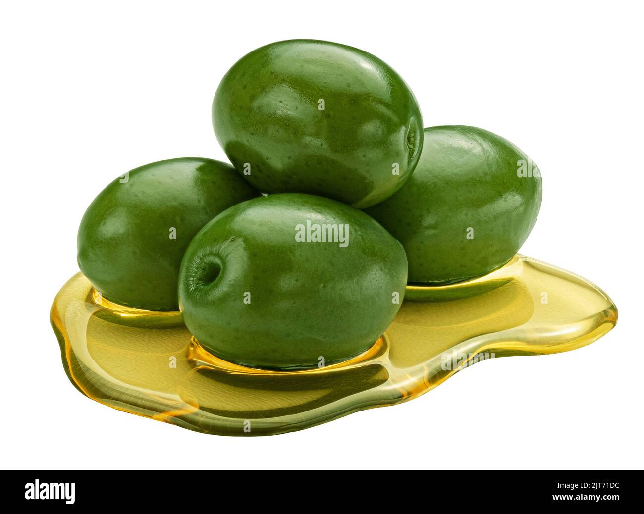 Grüne Oliven mit extra nativem Öl isoliert auf weißem Hintergrund Stockfoto