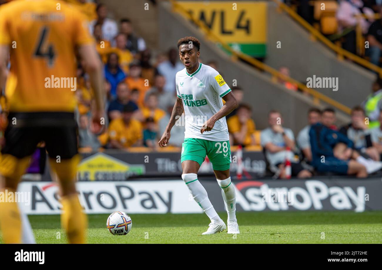 Joe Willock aus Newcastle während des Premier League-Spiels zwischen Wolverhampton Wanderers und Newcastle United in Molineux, Wolverhampton am Sonntag, 28.. August 2022. Stockfoto
