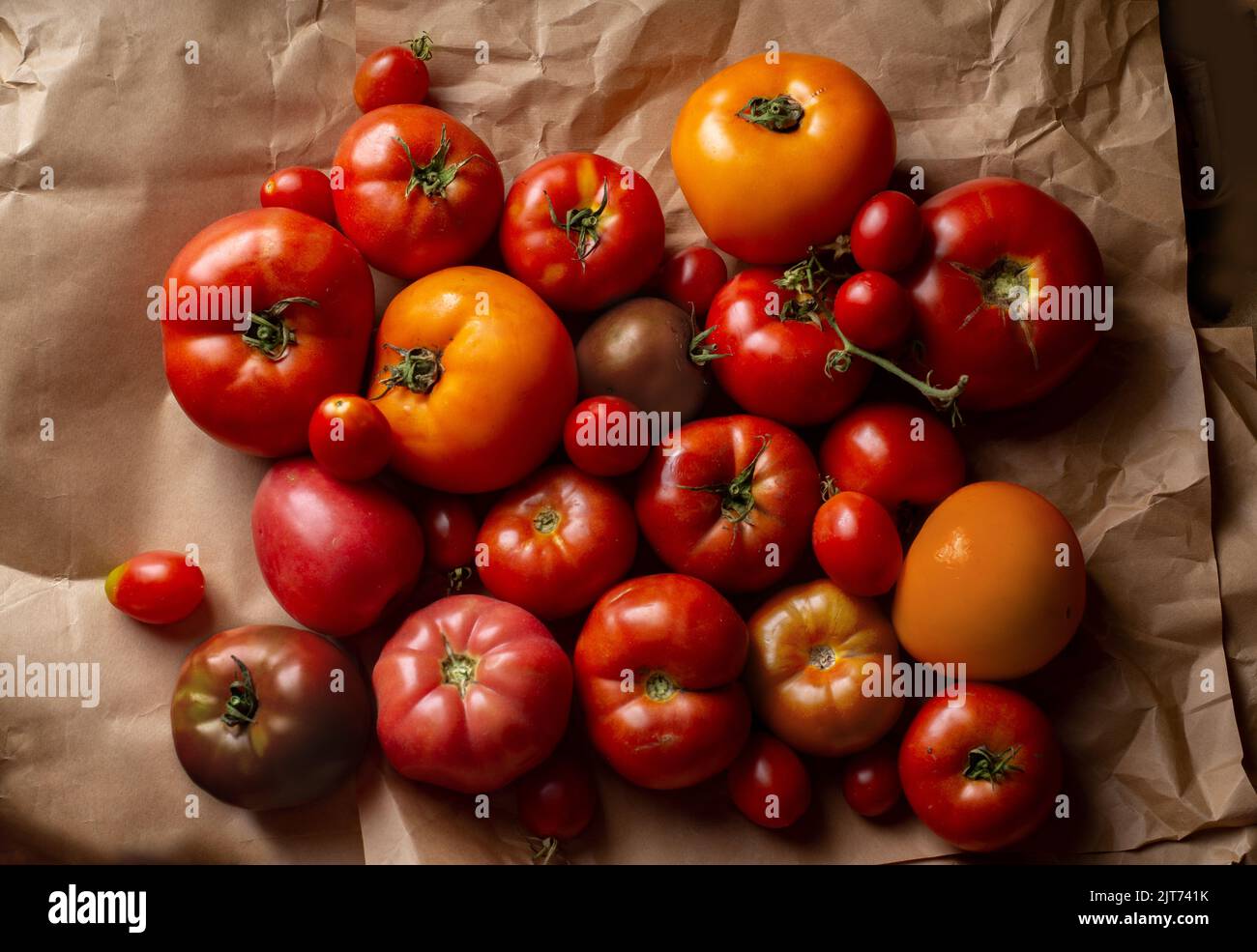 Ein Haufen saftiger, mehrfarbiger Tomaten in einem Stapel auf Bastelpapier. Hässliches Bio-Gemüse. Draufsicht mit Kopierbereich Stockfoto