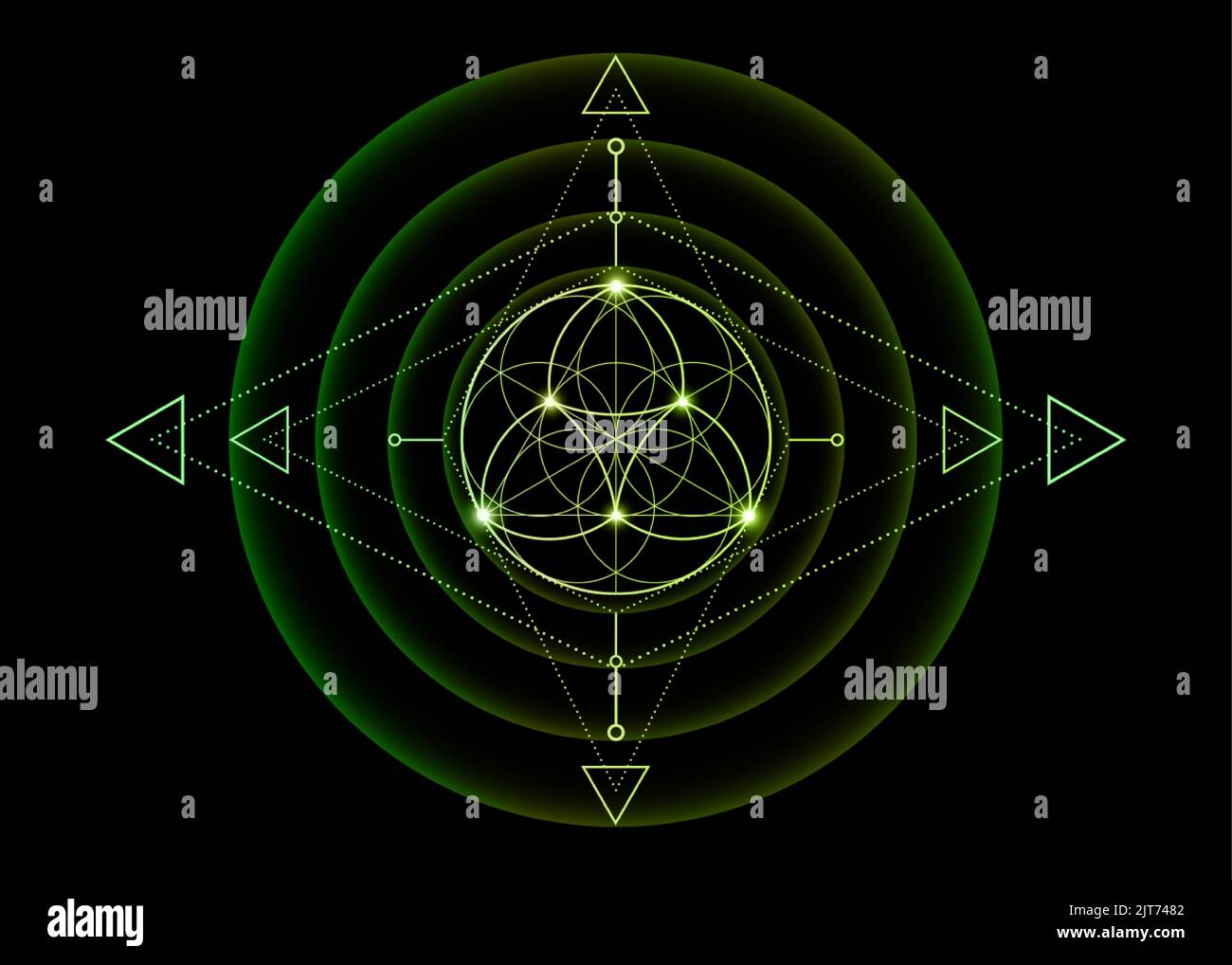 Heilige Geometrie, Blume des Lebens, Lotusblumen-Mandala. Grünes Gradient-Logo Symbol für Harmonie und Balance, leuchtender geometrischer Ornament, Yoga Relax, Stock Vektor