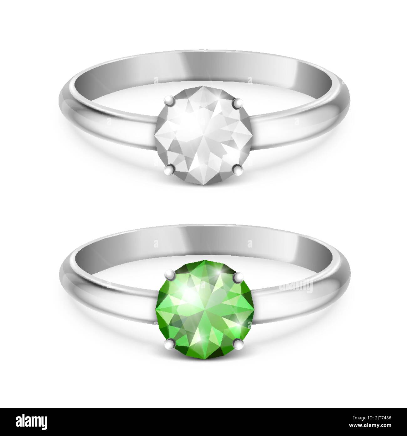 Vector 3D realistischer Silbermetall-Hochzeitsring mit weißem und grünem Edelstein, Diamant-Nahaufnahme isoliert. Design-Vorlage aus glänzendem Silberring. Seite Stock Vektor
