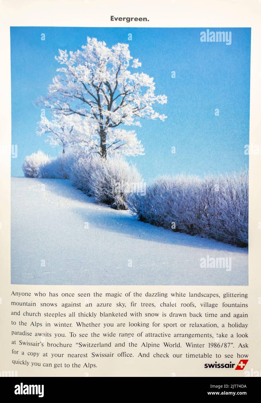 Swissair-Anzeige in einem NatGeo-Magazin, Dezember 1986 Stockfoto
