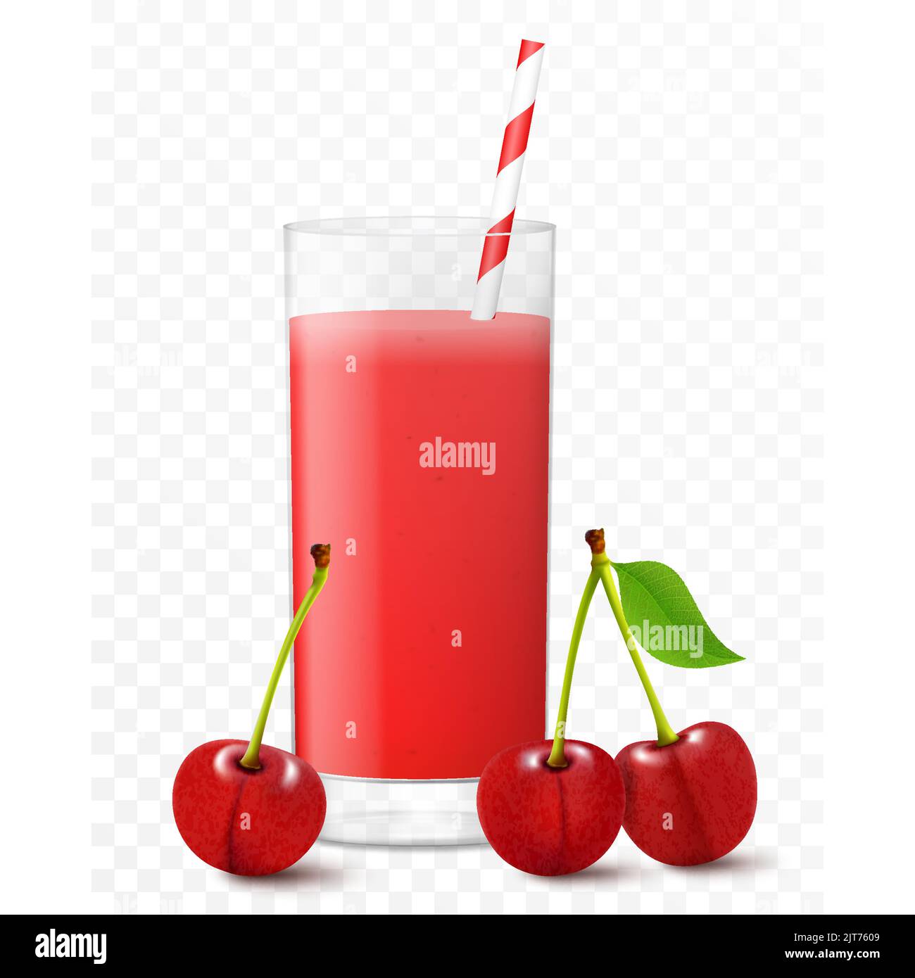 Glas frischen Kirschsaft mit Beeren und gestreiftem Stroh für Cocktails, isoliert auf transparentem Hintergrund. Smoothies aus roter Kirsche. Realistische 3D ve Stock Vektor