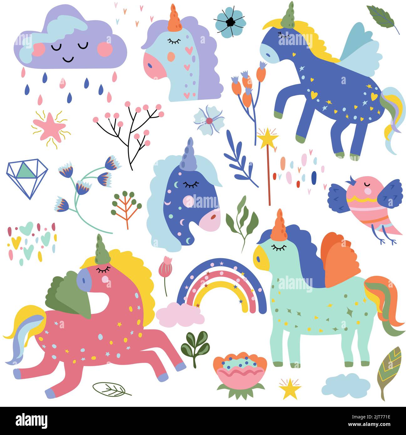 Niedliche bunte Einhorn mit Regenbogen der Schwanz, Vogel, Wolke, Blumen und Kopfpferd in Cartoon-Stil. Magische Pferde in verschiedenen Posen. Vektorgrafik. Stock Vektor