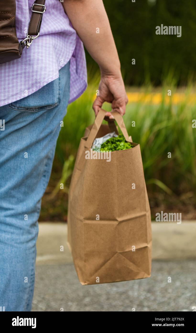 Eine gesunde Tasche tragen. Zugeschnittenes Bild einer Frau, die einen Papierbeutel mit frischem Gemüse in der Hand hält. Lebensmittelbeutel mit frischen und gesunden Lebensmitteln Stockfoto