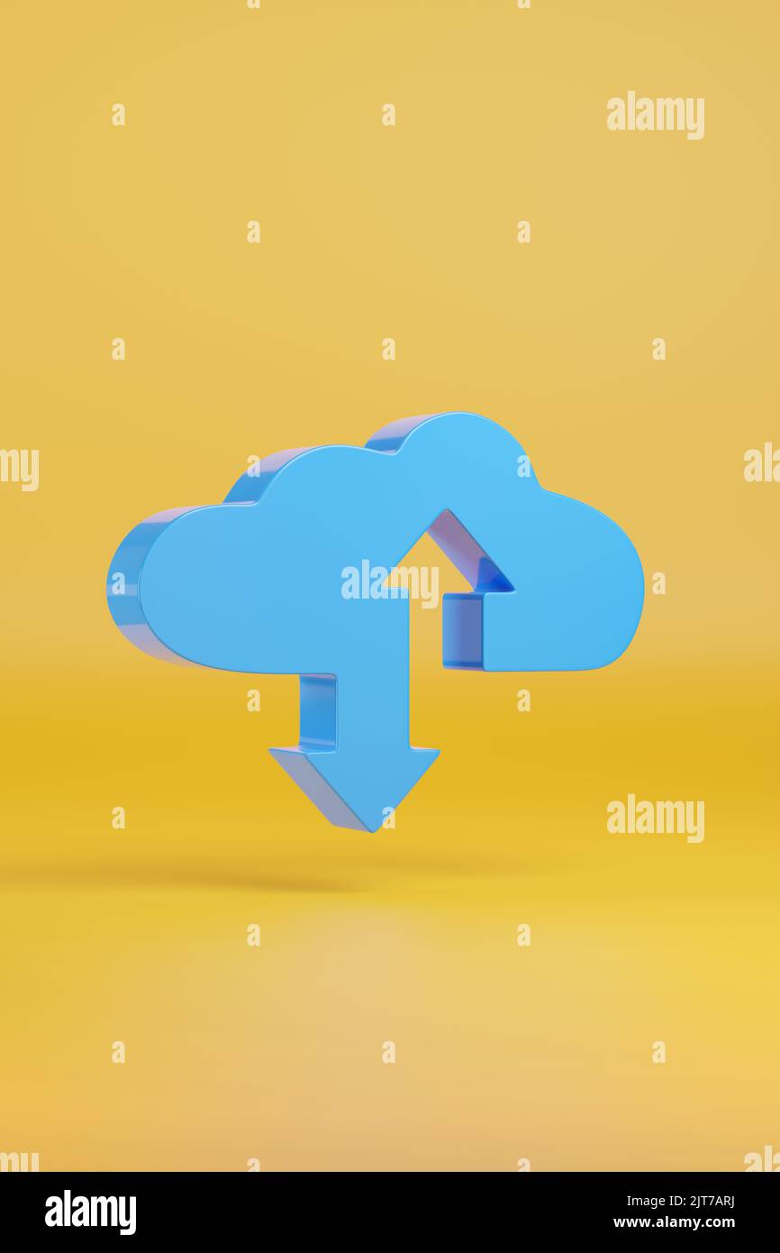 Blaue Wolkenform mit auf- und Abwärtspfeilen auf gelbem Hintergrund. Internet-Konzept. d-Abbildung. Stockfoto