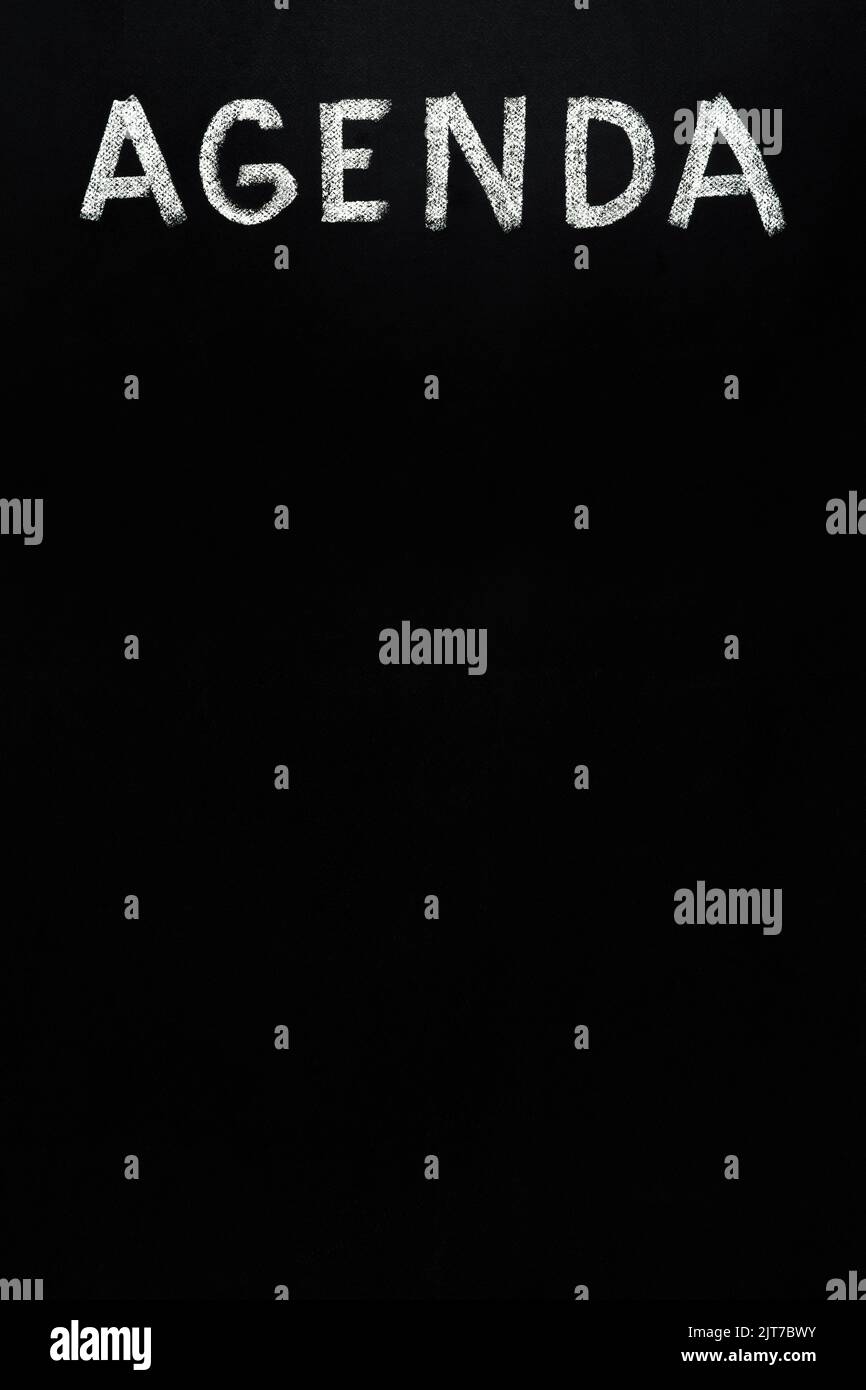 Schwarze Tafel Text Agenda Vorlage leer Agenda Design schwarze Tafel schreiben Tafel Text Vorlage schwarzer Hintergrund. Text-Board leere Kreidetafel Stockfoto