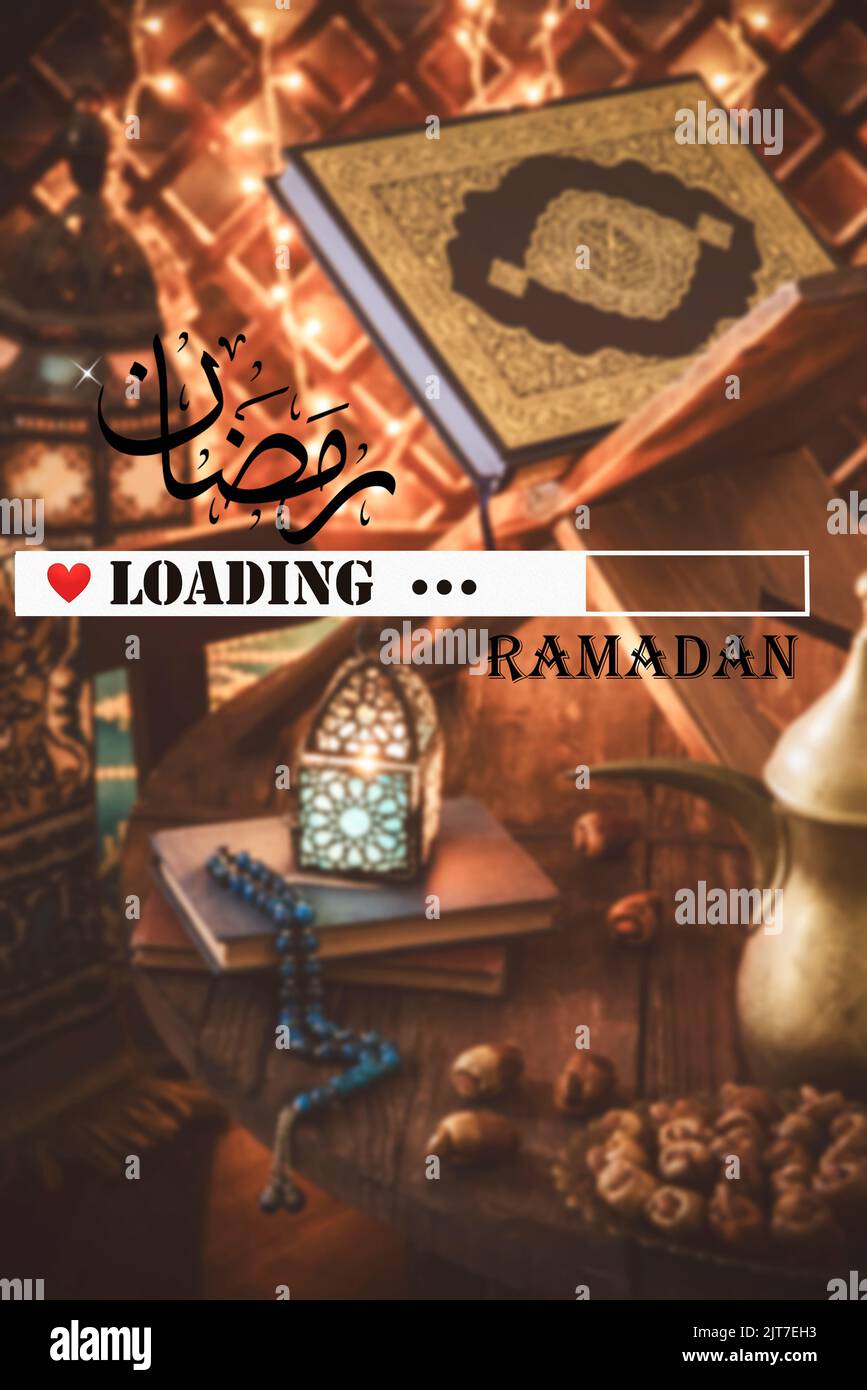 Ramadan im arabischen Kalligrafiestil bedeutet die arabische Kalligraphie (den heiligen Monat des Fastens für Muslime). Ramadan-Ladekonzept. Stockfoto