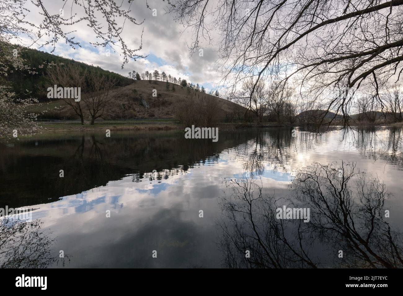 Perfekt symmetrische Wolken und die Spiegelungen der Bäume auf dem See Stockfoto