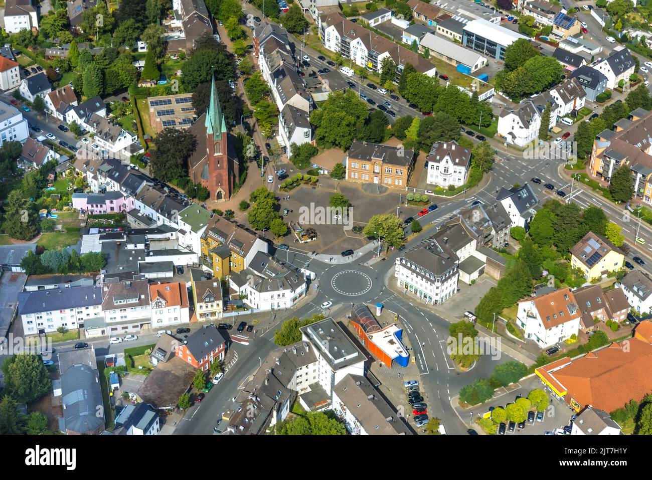 Luftaufnahme, Evang. Gnadenkirche - Kirchengemeinde Heißen, Heißen - Mitte, Mülheim an der Ruhr, Ruhrgebiet, Nordrhein-Westfalen, Deutschland, Ort w Stockfoto