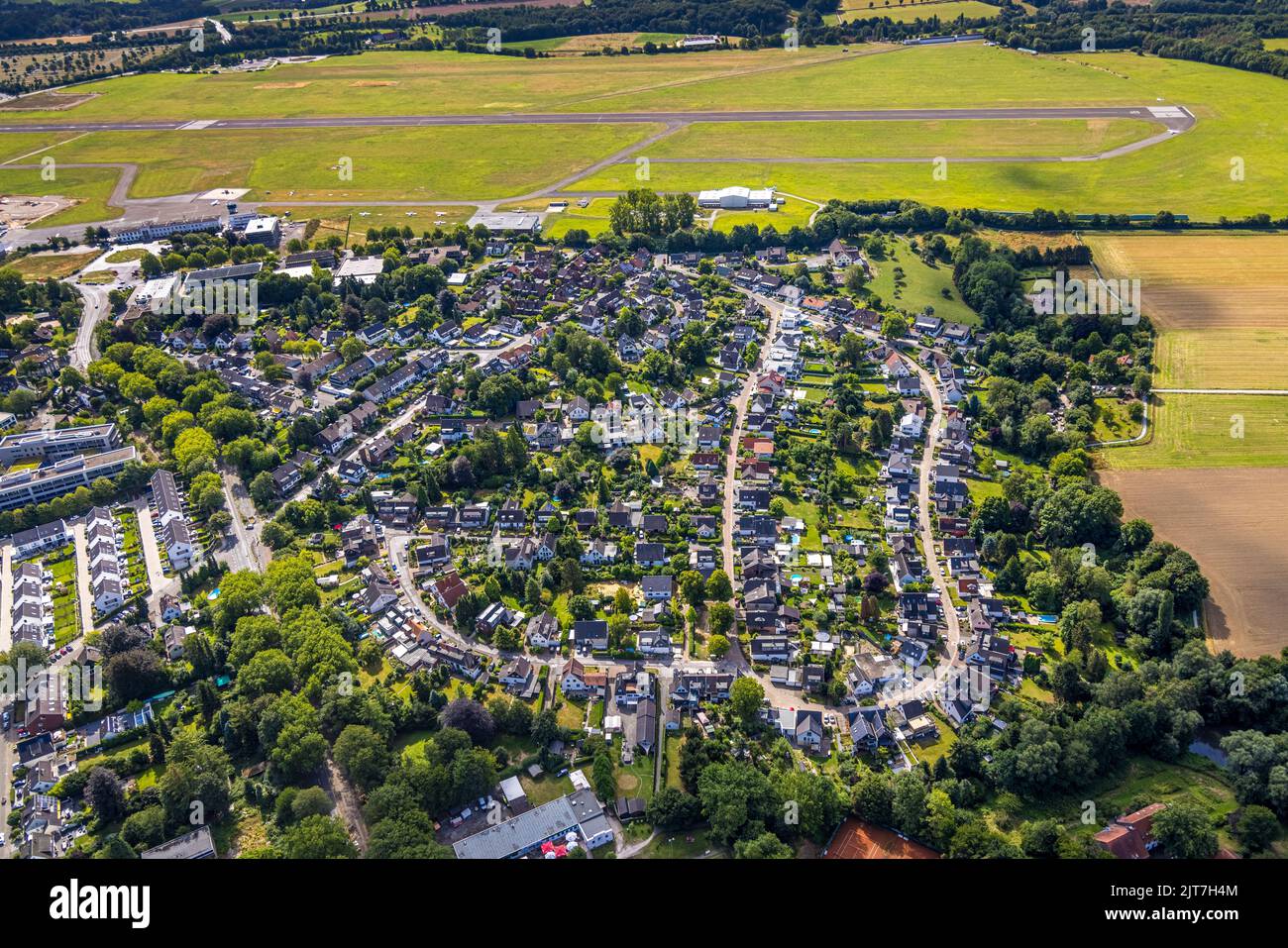Luftaufnahme, Flughafensiedlung am Flughafen Essen / Mülheim, Holthausen - Südosten, Mülheim an der Ruhr, Ruhrgebiet, Nordrhein-Westfalen, Deutsch Stockfoto