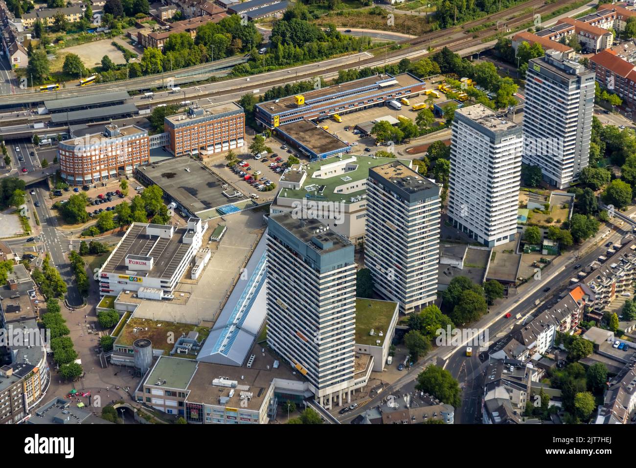 Luftaufnahme, Gegend um die Hauptpost, Hauptbahnhof, Radweg, Dickswall Hochhäuser, Altstadt I - Südosten, Mülheim an der Ruhr, Stockfoto