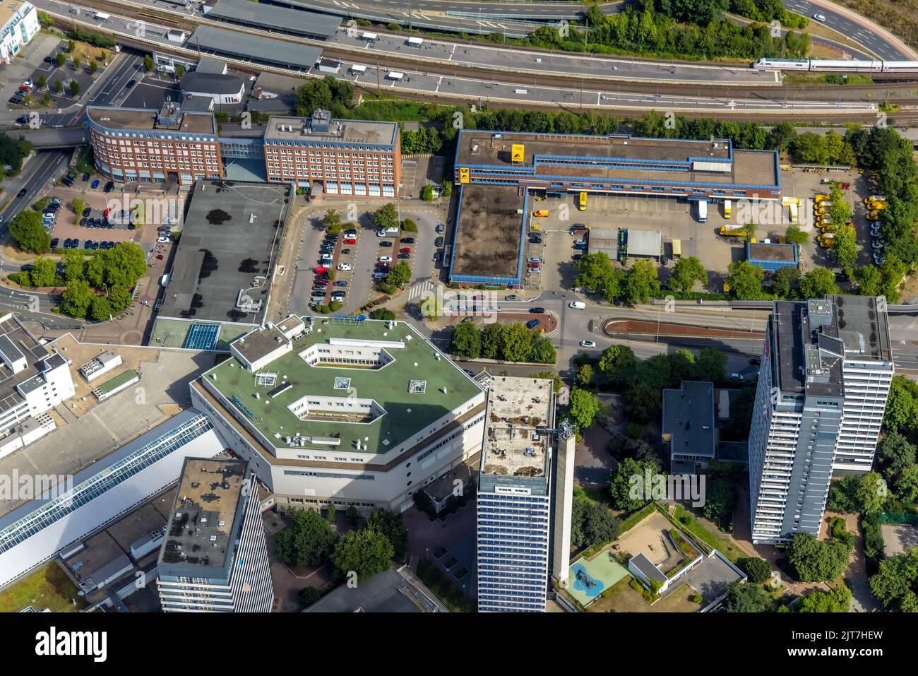 Luftaufnahme, Gegend um die Hauptpost, Hauptbahnhof, Radweg, Dickswall Hochhäuser, Altstadt I - Südosten, Mülheim an der Ruhr, Stockfoto