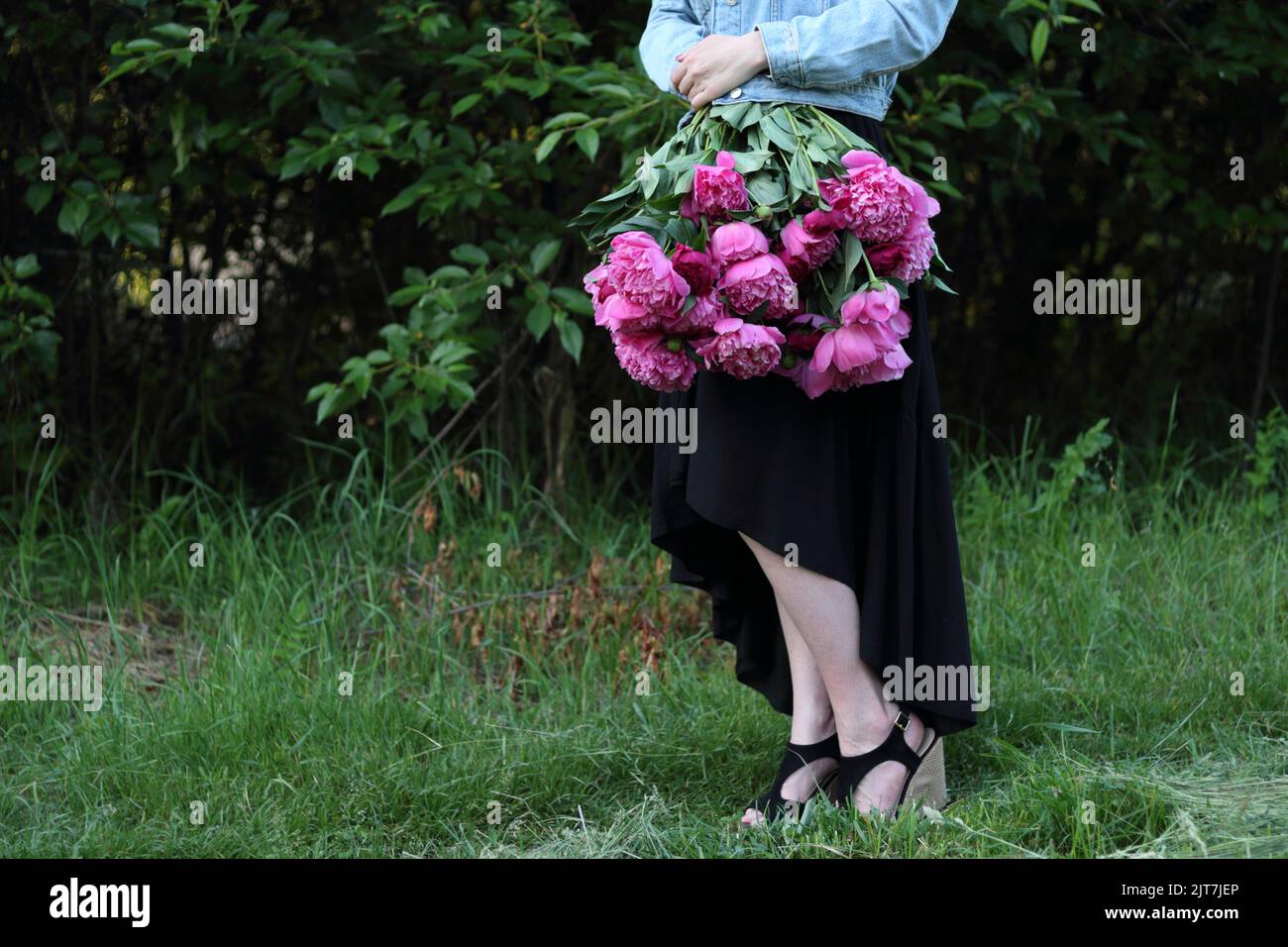 Eine schöne Frau in einem schwarzen Kleid steht und hält einen Strauß von rosa Blumen in der Landschaft vor grünen Bäumen, Natur um Stockfoto