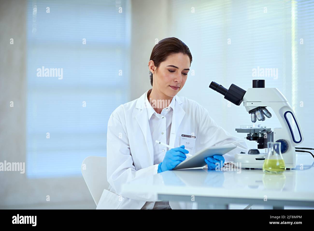 Die Welt durch die Wissenschaft erkunden. Eine Wissenschaftlerin, die allein im Labor arbeitet. Stockfoto