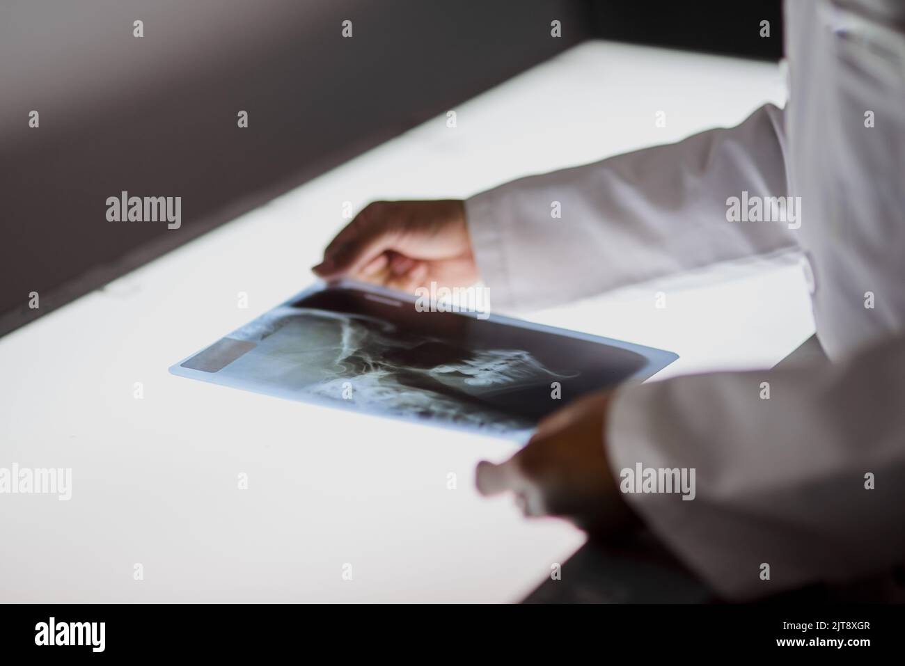 Analysieren eines Patienten-Scans. Nahaufnahme eines nicht erkennbaren Zahnarztes, der eine Röntgenaufnahme analysiert. Stockfoto