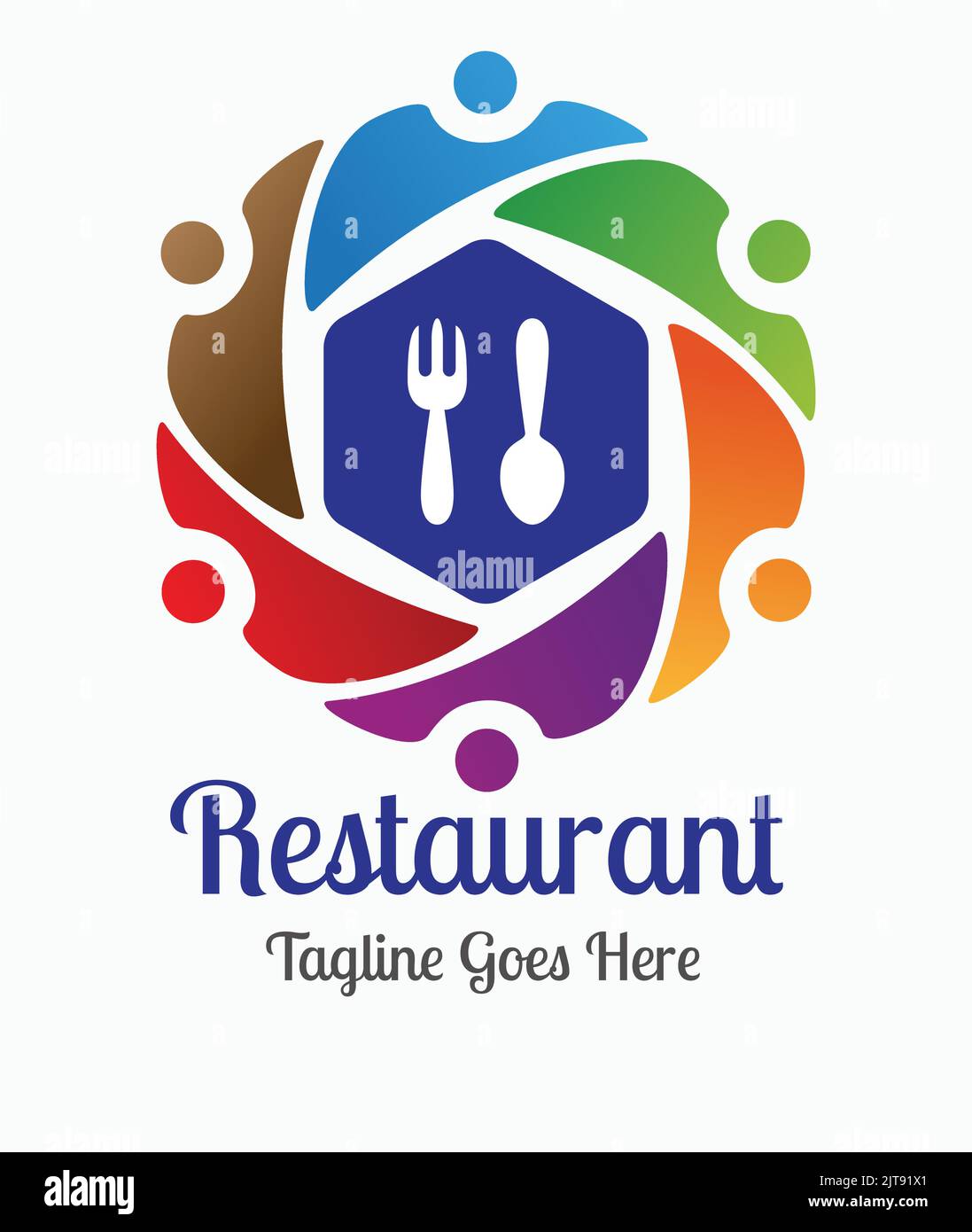 Restaurant Logo Event Management Firmenlogo mit Löffel Gabel Symbole Menschen Familie zusammen Vektor Illustration sechseckige Form Logo Design Stock Vektor