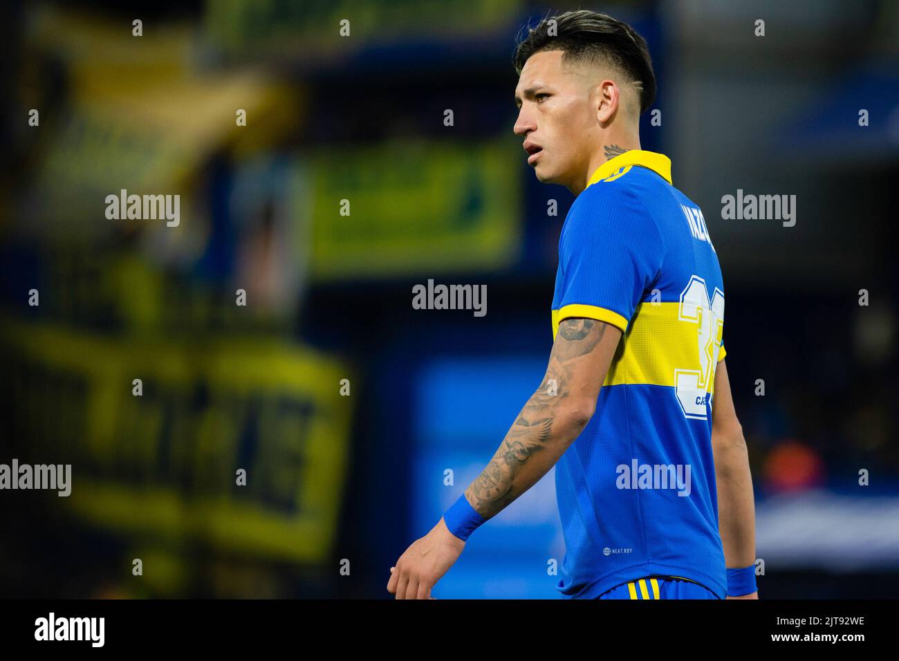 Buenos Aires, Argentinien. 28. August 2022. Luis Vazquez von Boca Juniors gesehen während des Liga Profesional 2022-Matches zwischen Boca Juniors und Atletico Tucuman im Estadio Alberto J. Armando. (Endnote; Boca Juniors 2:1 Atletico Tucuman) (Foto: Manuel Cortina/SOPA Images/Sipa USA) Quelle: SIPA USA/Alamy Live News Stockfoto