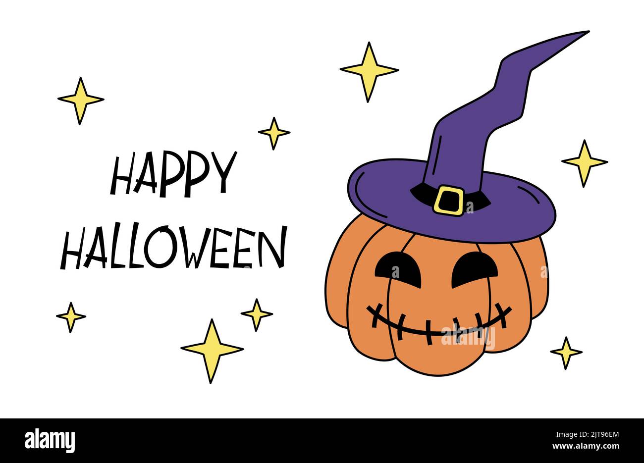Frohe Halloween Grußkarte. Kürbis Laterne in Hexenhut Doodle Vektor Illustration. Geschnitzte Jack-o-Laterne lächelnd. Halloween Banner mit bunten Stock Vektor
