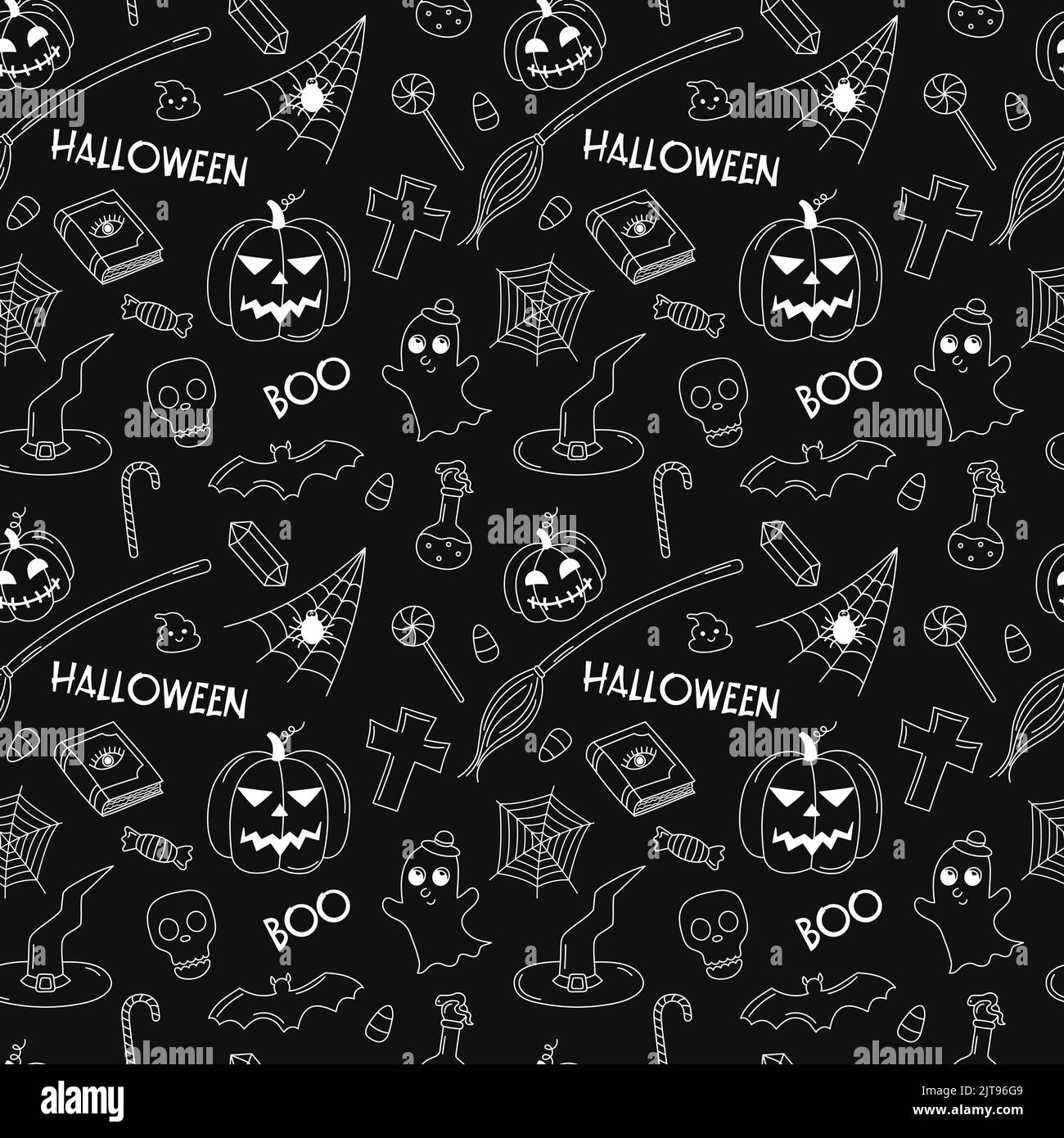 Halloween-Kritzelmuster. Vektor schwarz-weiß Scribble wiederholen Abbildung. Halloween nahtlose dunklen Hintergrund mit Herbst Urlaub Symbole Jack lan Stock Vektor